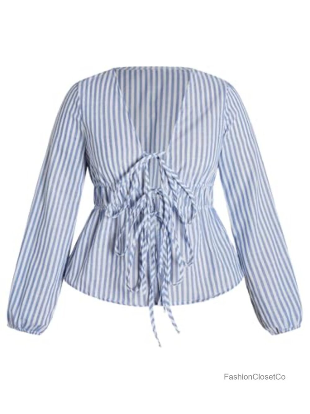 Women's Striped Tie Front Peplum Blouse Deep V Neck Lantern Sleeve
